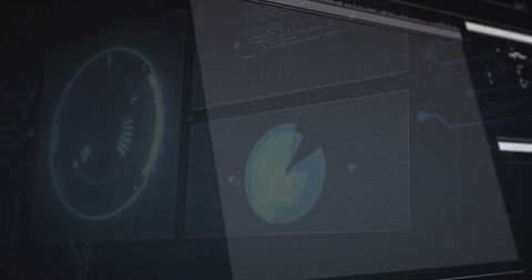 Futuristic Control Room Interface with Data Visualization and Code Overlay