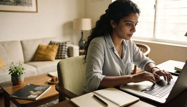 Indian woman working from home, typing on laptop at organized living room desk