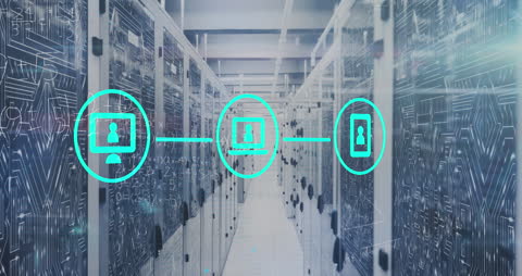 Futuristic Server Room with Digital Networking Icons