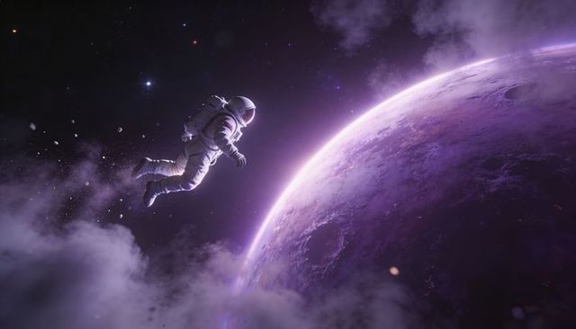 Floating astronaut drifting untethered above glowing violet planet during deep spacewalk