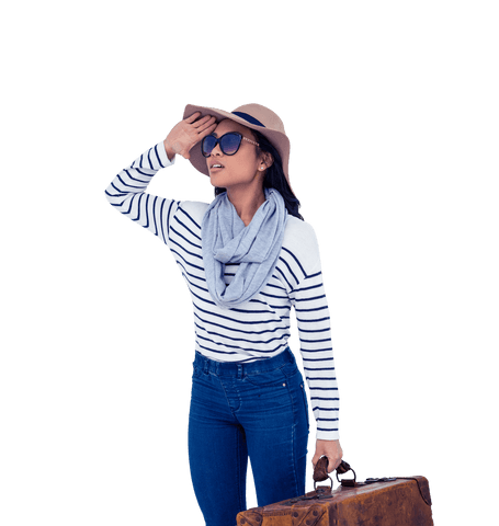 Stylish Woman with Luggage in Transparent Background