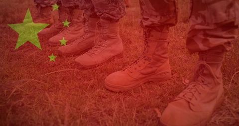Chinese Flag Overlaying Soldiers Standing Together on Grass