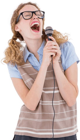 transparent geeky woman joyfully singing with microphone - Download Free Stock Videos Pikwizard.com