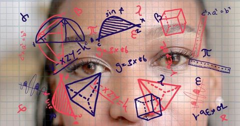 African american woman visualizing math concepts, merging face with grid and math diagrams