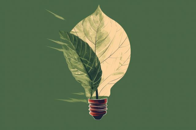 Lightbulb made of leaves on green background, created using generative ai technology. Ecology, nature and harmony, digitally generated image.