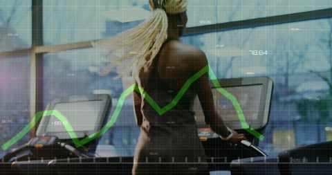 Running woman on treadmill with green performance graph overlay for fitness analytics