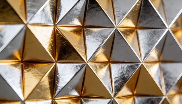 Glinting Gold and Silver Pyramid Tile Mosaic Catching Warm Light in Geometric Close-Up