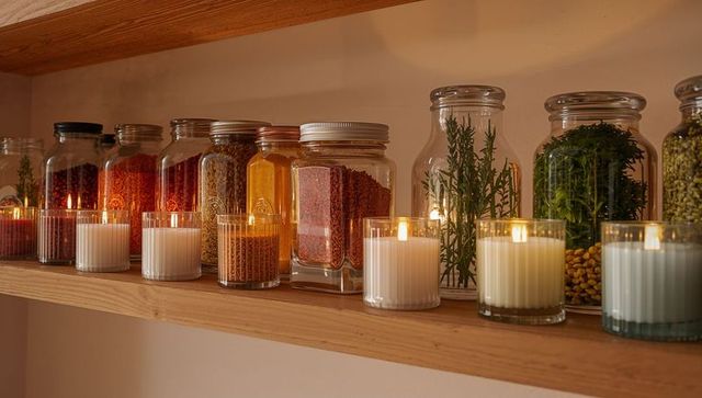Warm rustic kitchen shelf displaying glass spice and herb jars with lit votive candles