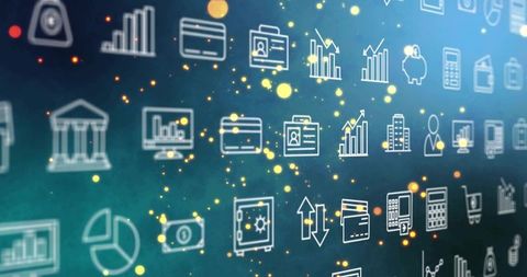 Floating financial icons on teal-to-blue gradient with glowing particles, fintech dashboard