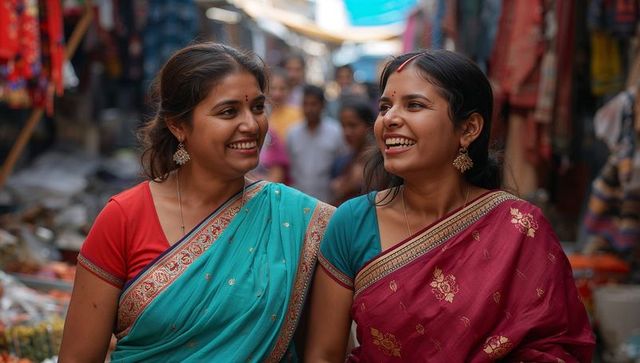 Two indian women smiling in vibrant market setting