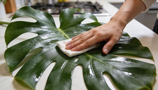 Hand polishing glossy monstera leaf with soft cloth on clean kitchen countertop