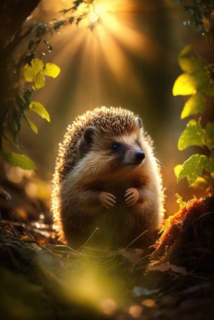 Curious hedgehog exploring a lush forest floor with golden sunlight filtering through surrounding foliage. Ideal for use in nature-themed blogs, wildlife infographics, environmental awareness campaigns, postcards, and educational materials focusing on woodland animals and their habitats.