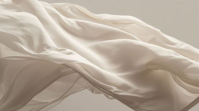 Cream silk chiffon fabric flowing and drifting in soft breeze with translucent texture