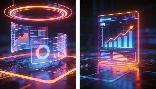 Holographic Floating Dashboards Showing KPI Growth Neon Futuristic Analytics Interface