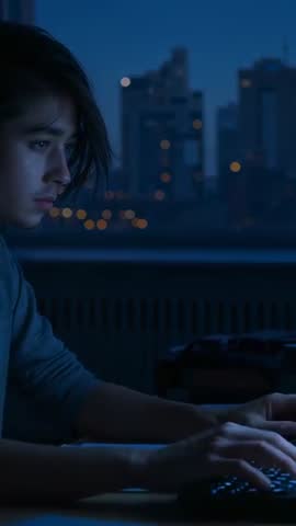 Late-night Asian man typing on backlit keyboard by window with city skyline bokeh