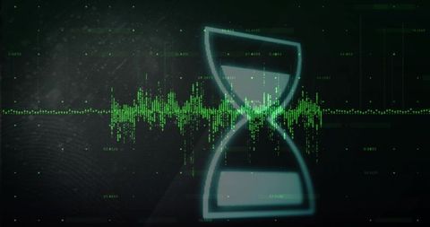 Glowing hourglass overlaying neon green waveform visualizing digital countdown and signal