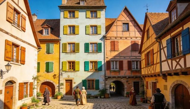 Sunlit medieval square with colorful houses, green shutters, stone archway, period figures