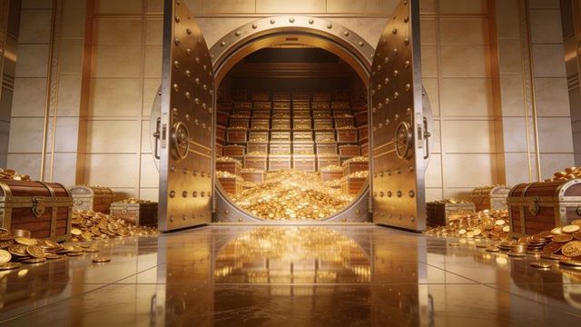 Massive vault door swinging open revealing mountain of gold coins, chests, bullion vault