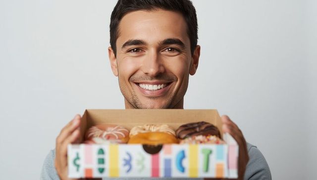 Smiling man holding box of assorted donuts indulging in sweet treats