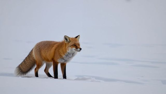 Red fox traversing snowfield with bushy tail and subtle tracks on serene winter expanse