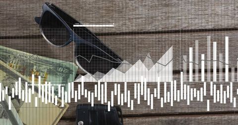 Sunglasses resting on wooden table with dollars and car key, financial analytics overlay