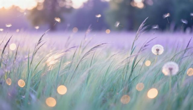 Dreamy pastel meadow swaying grasses floating dandelion seeds soft golden sunset glow