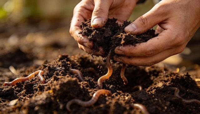 Hands sifting rich compost revealing wriggling earthworms boosting soil health and humus