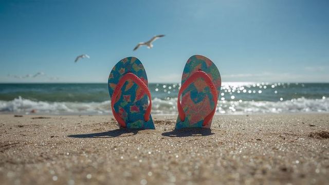 Colorful Flip-Flops Resting on Sandy Beach with Seagulls
