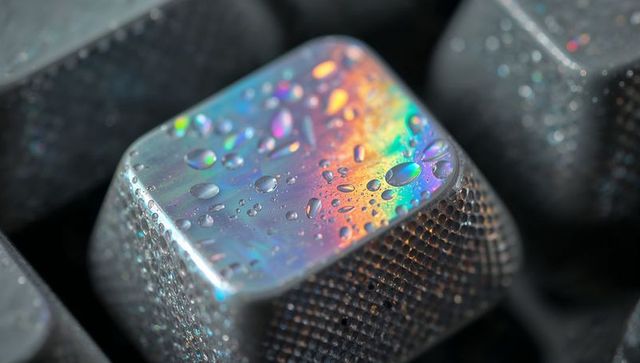 Iridescent metallic mechanical keycap reflecting rainbow sheen with water droplets macro