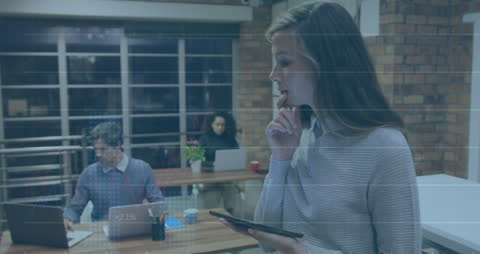 Thoughtful Businesswoman Using Tablet with Data Visualizations