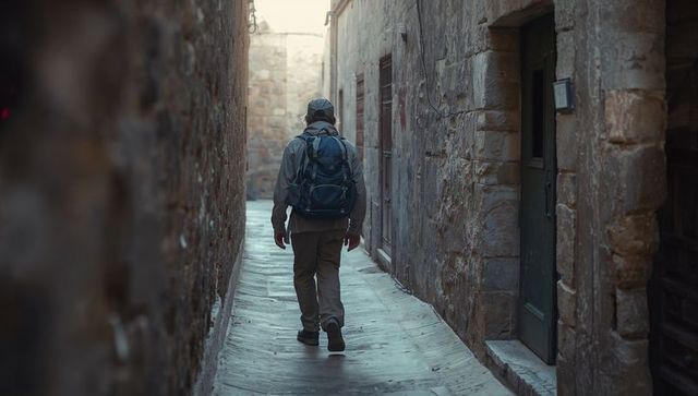 Solo traveler walking down narrow historic stone alley with backpack and cap