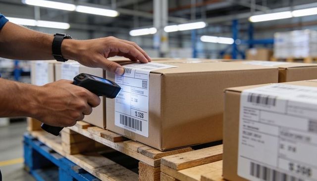 Warehouse worker scanning shipping label on cardboard box with handheld barcode scanner