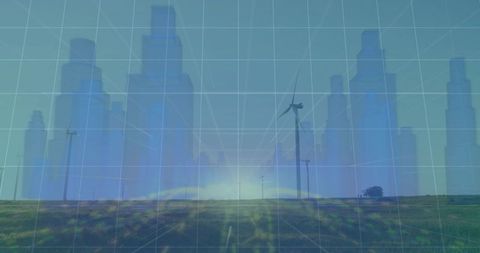 Futuristic Cityscape with Wind Turbine at Sunrise