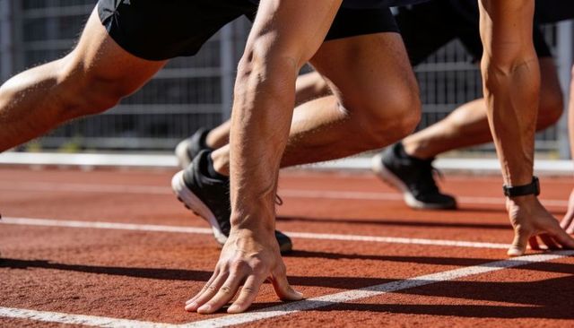 Sprinters bracing at starting line close-up of hands and legs on red track