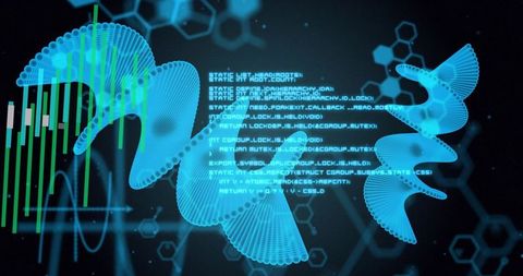Rotating holographic DNA ribbon with code overlay and neon data visualization for biotech