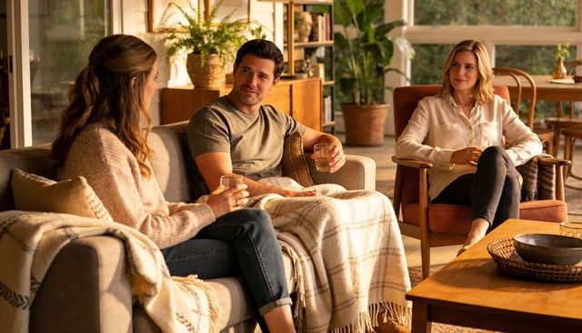 Friends sharing cozy evening, sipping drinks wrapped in blanket in sunlit living room