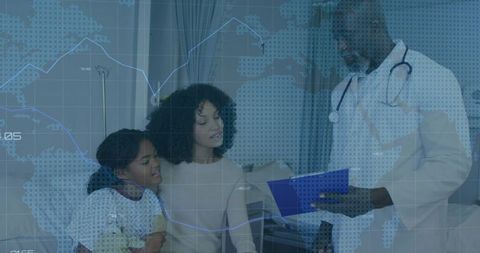 Mother and daughter consulting doctor with clipboard, pediatric clinic data overlay