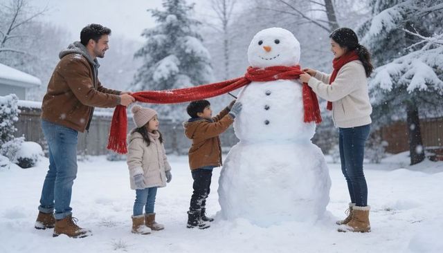 Family decorating snowman together in snowy backyard with red scarf and warm coats