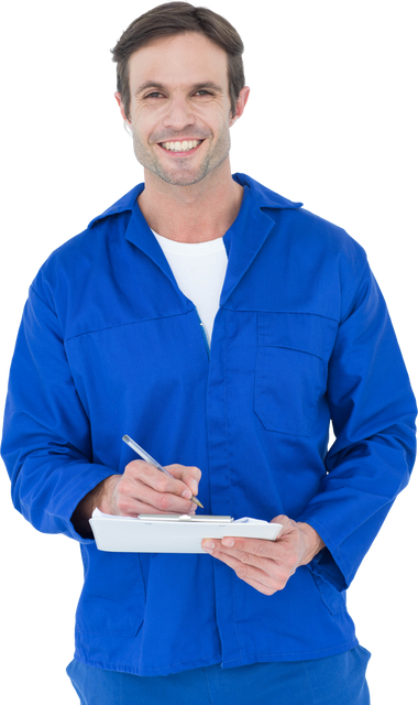 Confident Mechanic in Blue Coveralls Writing Notes on Clipboard with Transparent Background - Download Free Stock Videos Pikwizard.com