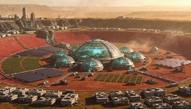 Futuristic mars dome colony with solar farms, greenhouse domes and sustainable agriculture