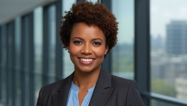 Confident Female Executive in Modern Office Corridor