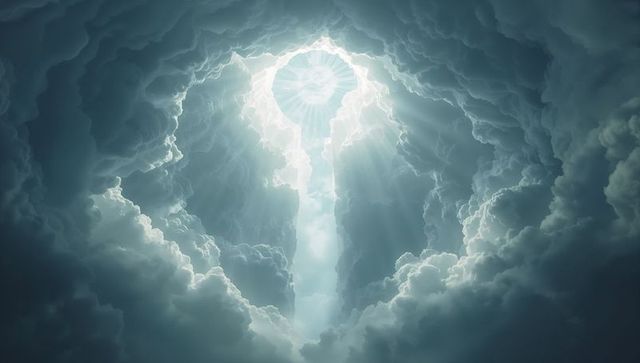 Keyhole cloud aperture revealing vertical sunbeam pouring through dramatic textured sky
