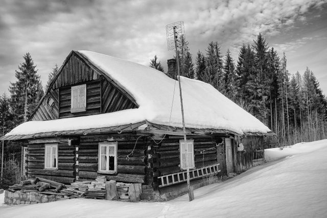 Traditional Log Cabin Covered in Snow Surrounded by Pine Forest - Download Free Stock Photos Pikwizard.com