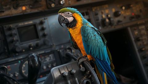 Blue-and-gold macaw perching on cockpit yoke with avionics panel and instruments