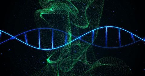 Glowing dna helix with digital wave background for biotechnology themes