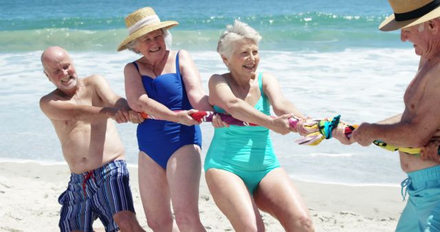 Active Seniors Playing Tug of War on Sunny Beach - Download Free Stock Images Pikwizard.com