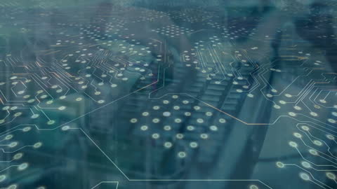 Hands Typing on Keyboard with Circuit Board Overlay