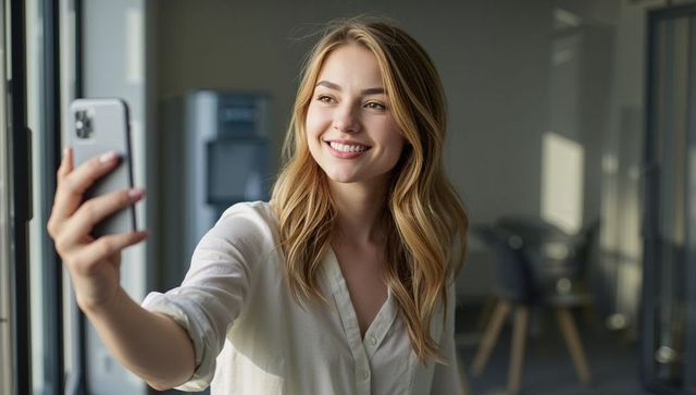 Smiling professional woman taking selfie with smartphone by office window in daylight