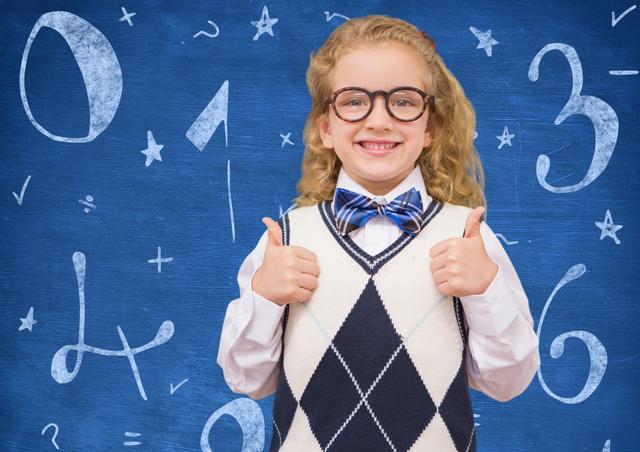 Cheerful young girl in glasses and a sweater vest showing thumbs up against a blue mathematical background. Perfect for themes related to education, childhood learning, academic programs, or back-to-school promotions.