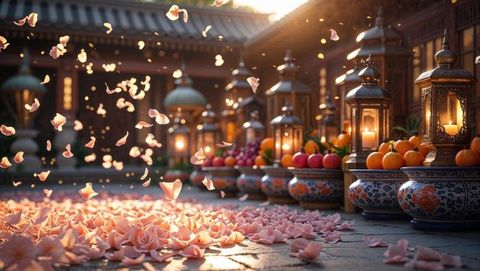 Peaceful courtyard with flurry of rose petals and lanterns at sunset, vishu festival